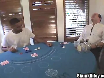 Strange role play: Husband & Wifey deepthroating and fucking a blonde ebony slut, Skunk Riley, who loves around suck and